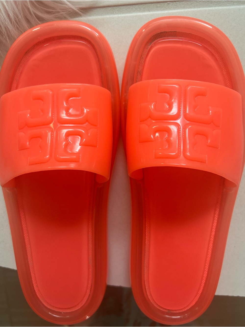 Tory Burch Bright Orange Gloss Logo Slide Sandals